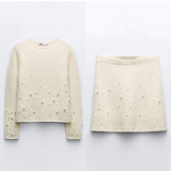 ZARA 2 PIECES MATCHING SET KNIT SWEATER WITH PEARLS AND PEARL KNIT MINI SKIRT - Picture 13 of 16